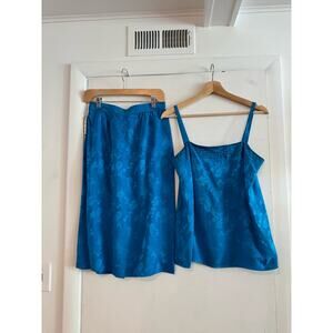 d'ore tank and pencil skirt set vintage bright blue 100% silk 1980s beading 10
